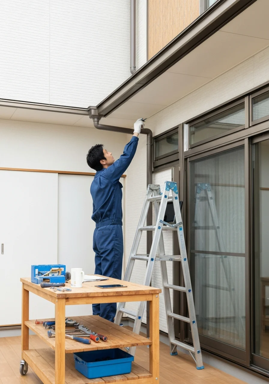 補修後の住まいで玄関まわりと廊下が整い、担当者が完了内容を説明している様子を横から見た写真