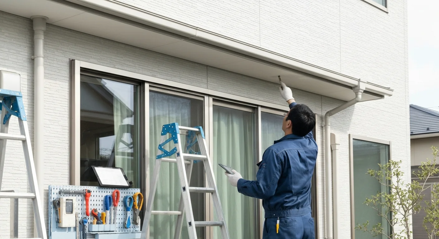 住宅の修繕現場で工具と部材を整えた作業スペースの写真
