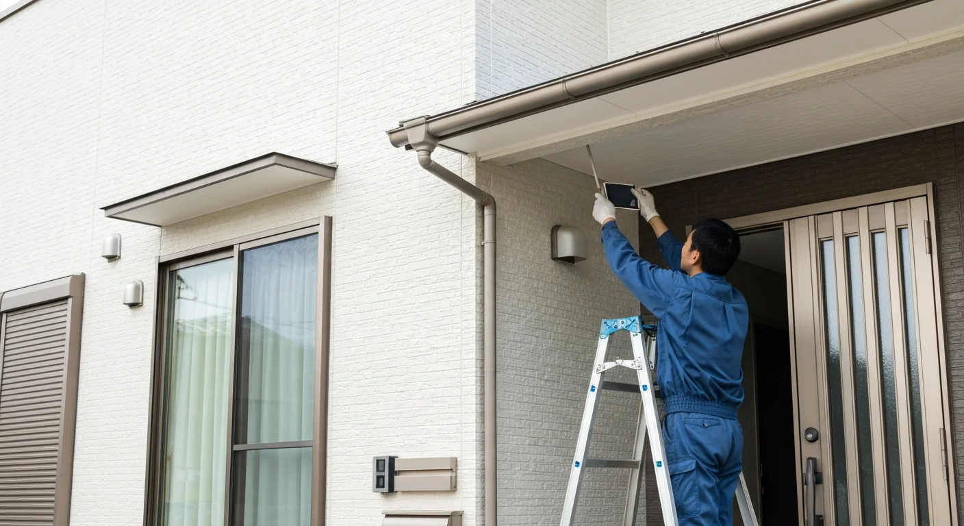 住宅の外まわりを確認したあと、玄関先で作業内容の説明を受ける場面を少し引いて見た写真