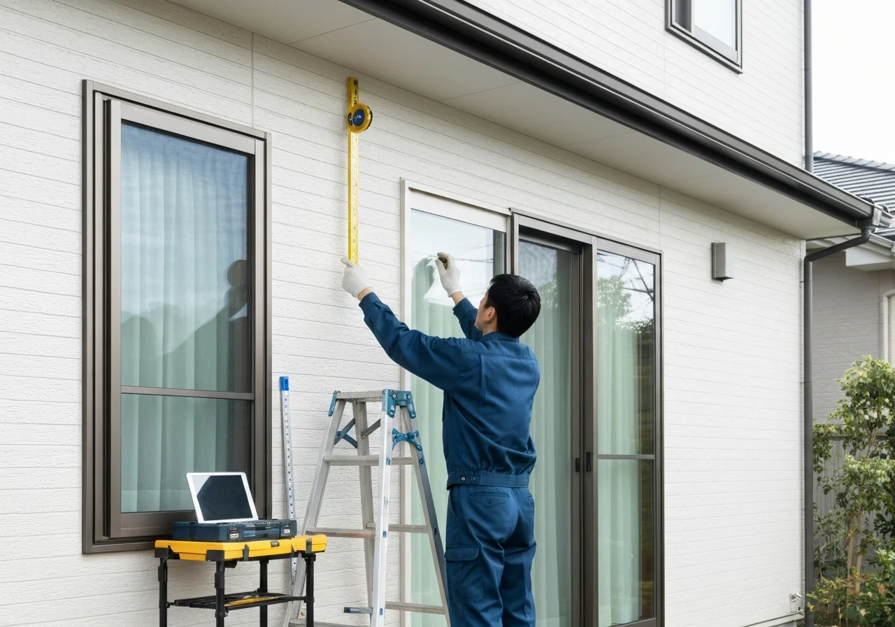 住宅修繕の現場で脚立、測定器、工具箱を整然と並べ、外壁と窓まわりを同時に確認している写真