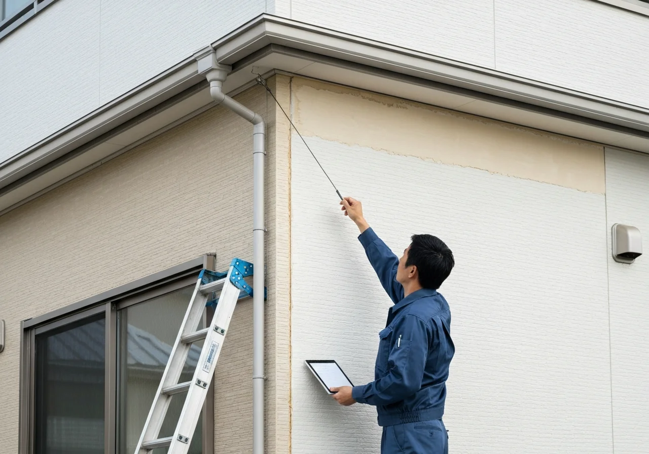 屋根と外壁のつなぎ目を確認している補修前の住宅外観