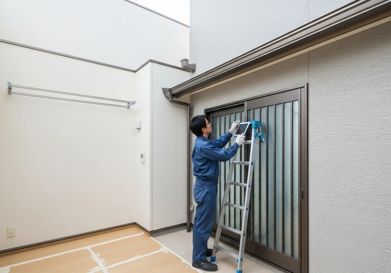 壁の継ぎ目と仕上がりを近くから点検している写真