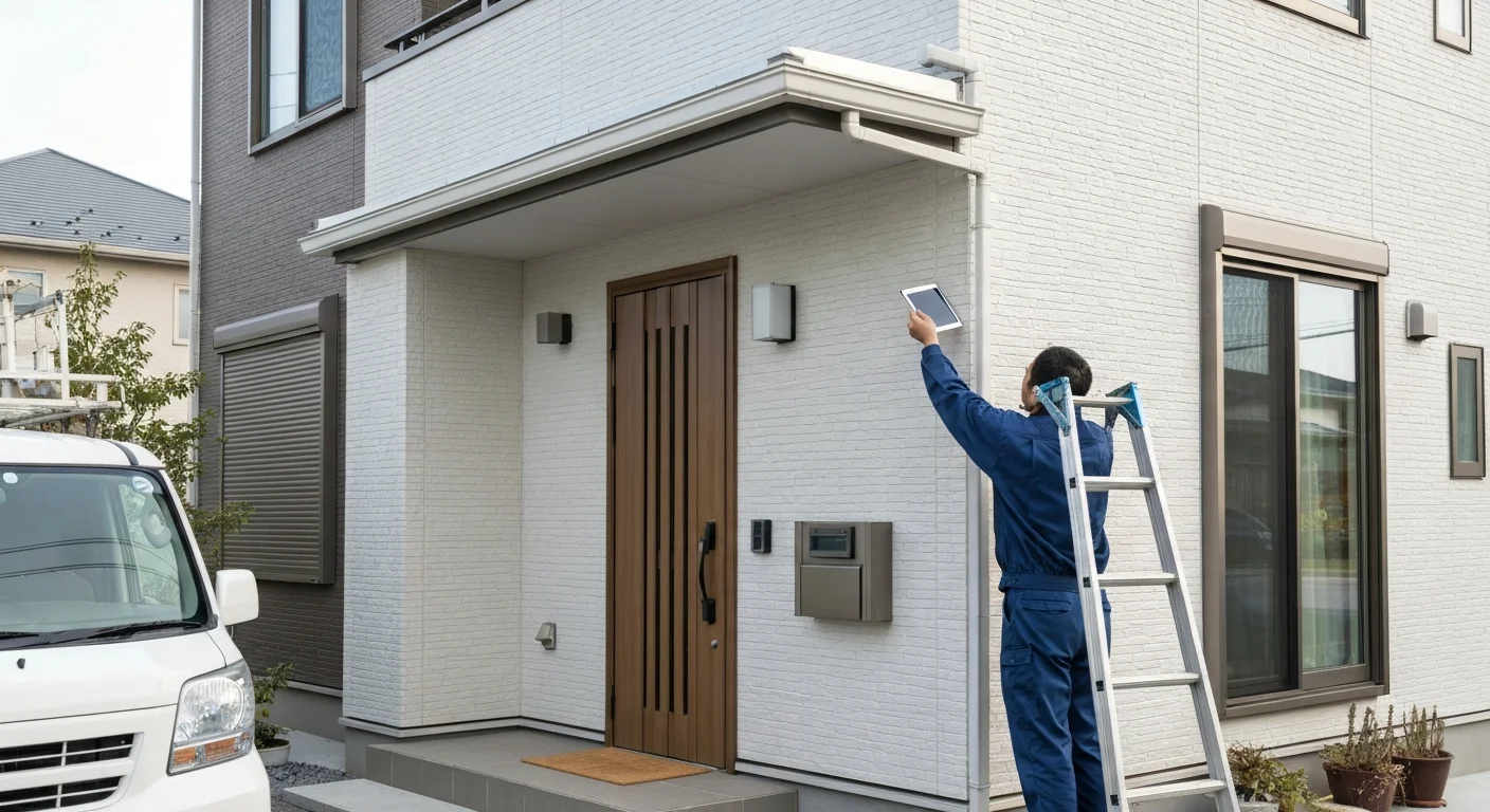 住宅の修繕現場で最終確認をしている写真、工具と養生材が整っている様子