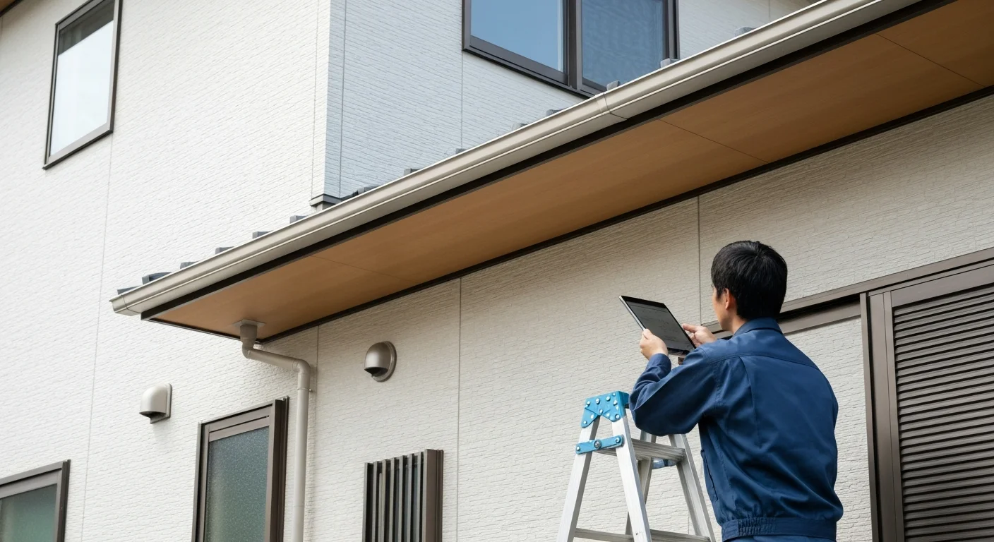 住宅の玄関先で担当者が補修箇所の写真を確認しながら住人に説明している横向きの場面
