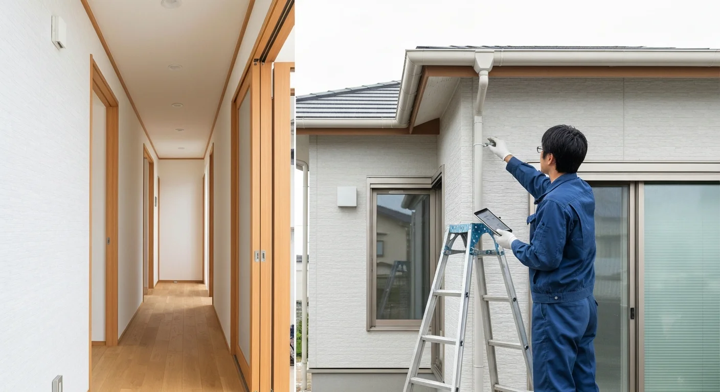 室内の点検前に工具とメジャーを並べた作業準備の写真