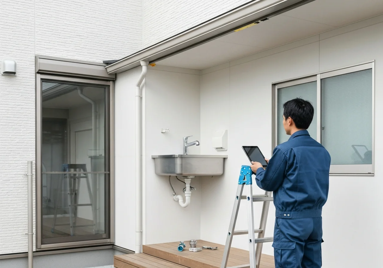 洗面台まわりの水漏れ箇所を点検している作業の手元