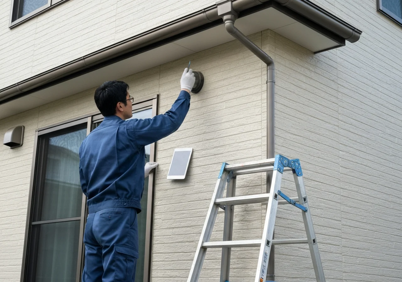 二階建て住宅の屋根と雨どいを足場越しに確認し、割れた部材の位置が分かる外観写真