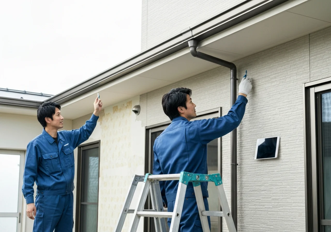 室内の床と建具の傷みを確認しながら補修方法を相談している場面